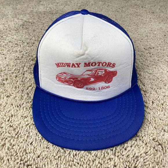 Vtg Midway Motors Snapback Hat Mesh‎ Foam Trucker Blue White Corvette Logo Cap - Picture 1 of 10
